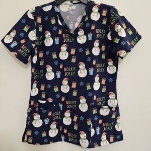 SCRUBAID size Medium Tapered Snowman Holly Jolly Stretch V Neck Scrub Top Navy
